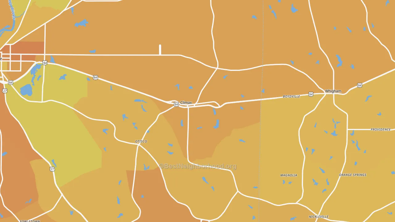 Map of the best neighborhoods in the 39834 area, with better matches in green and worse matches in red