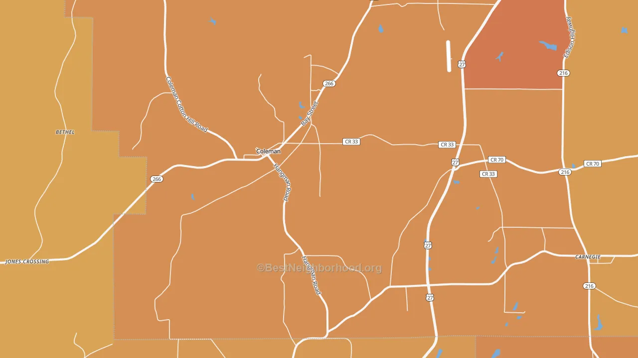 Map of the best neighborhoods in the 39836 area, with better matches in green and worse matches in red