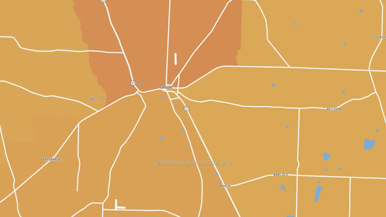 Map of the best neighborhoods in the 39837 area, with better matches in green and worse matches in red