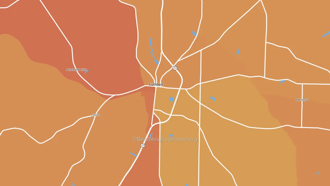 Map of the best neighborhoods in the 39840 area, with better matches in green and worse matches in red