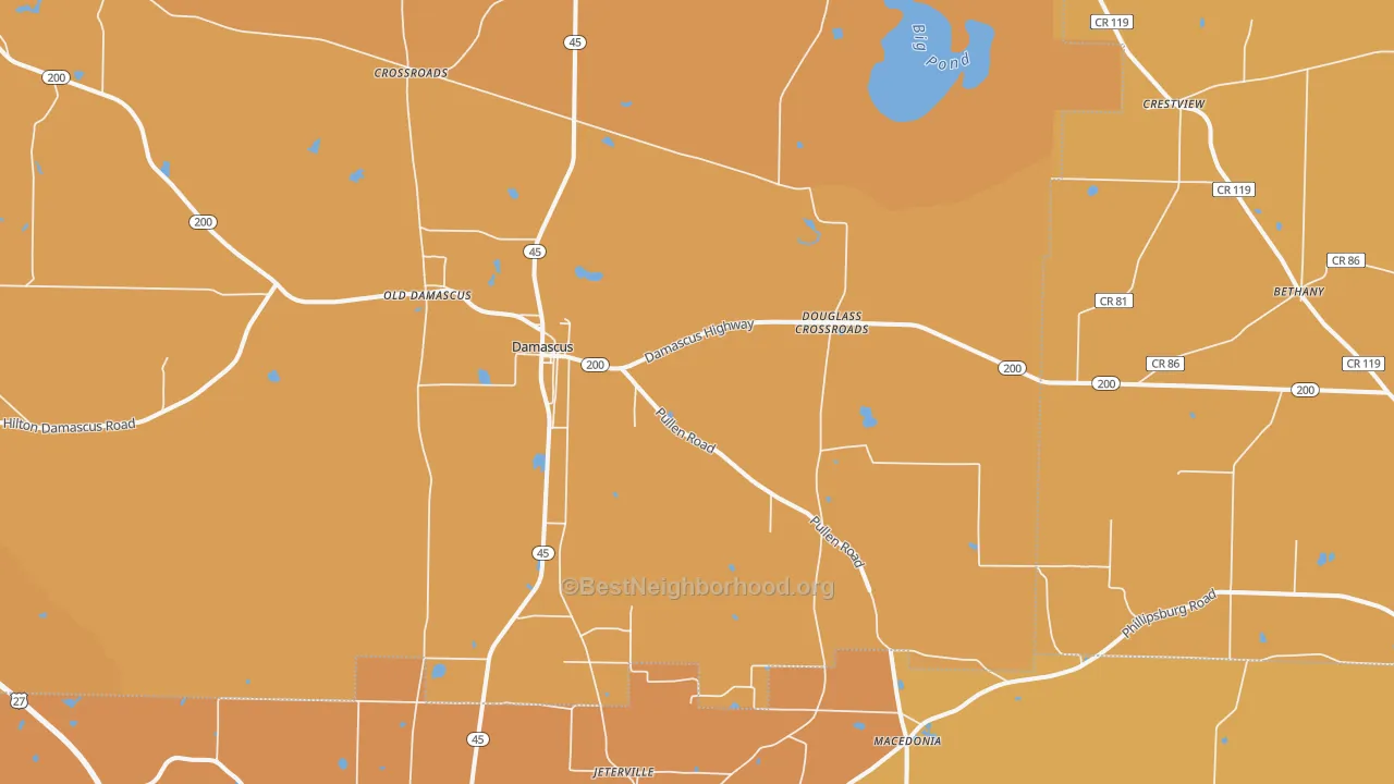 Map of the best neighborhoods in the 39841 area, with better matches in green and worse matches in red