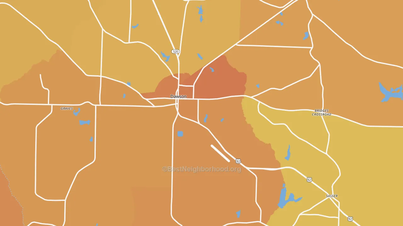 Map of the best neighborhoods in the 39842 area, with better matches in green and worse matches in red
