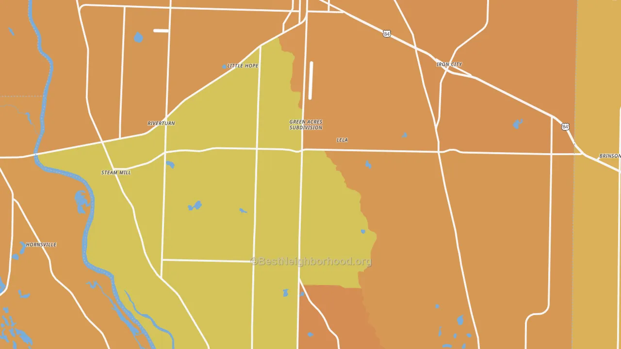 Map of the best neighborhoods in the 39845 area, with better matches in green and worse matches in red