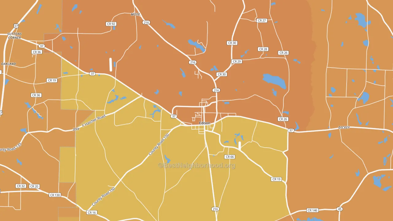 Map of the best neighborhoods in the 39846 area, with better matches in green and worse matches in red