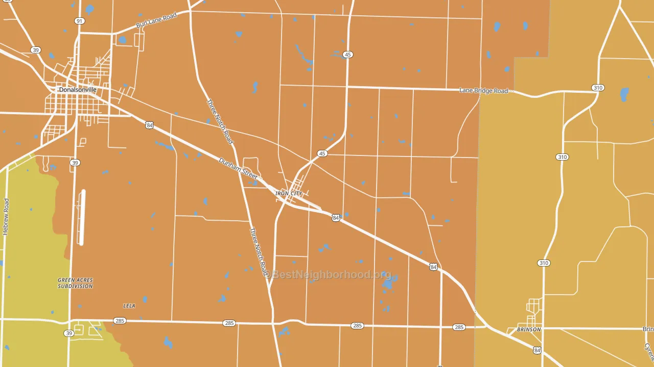 Map of the best neighborhoods in the 39859 area, with better matches in green and worse matches in red