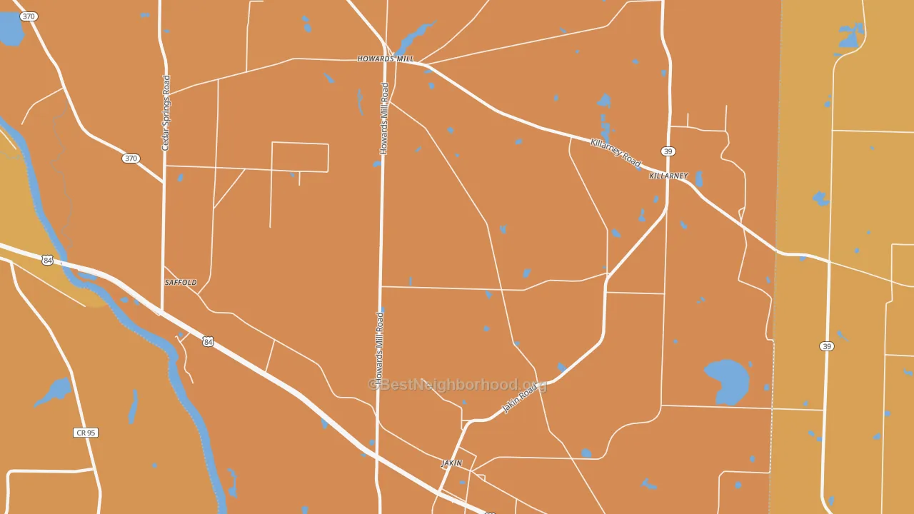 Map of the best neighborhoods in the 39861 area, with better matches in green and worse matches in red