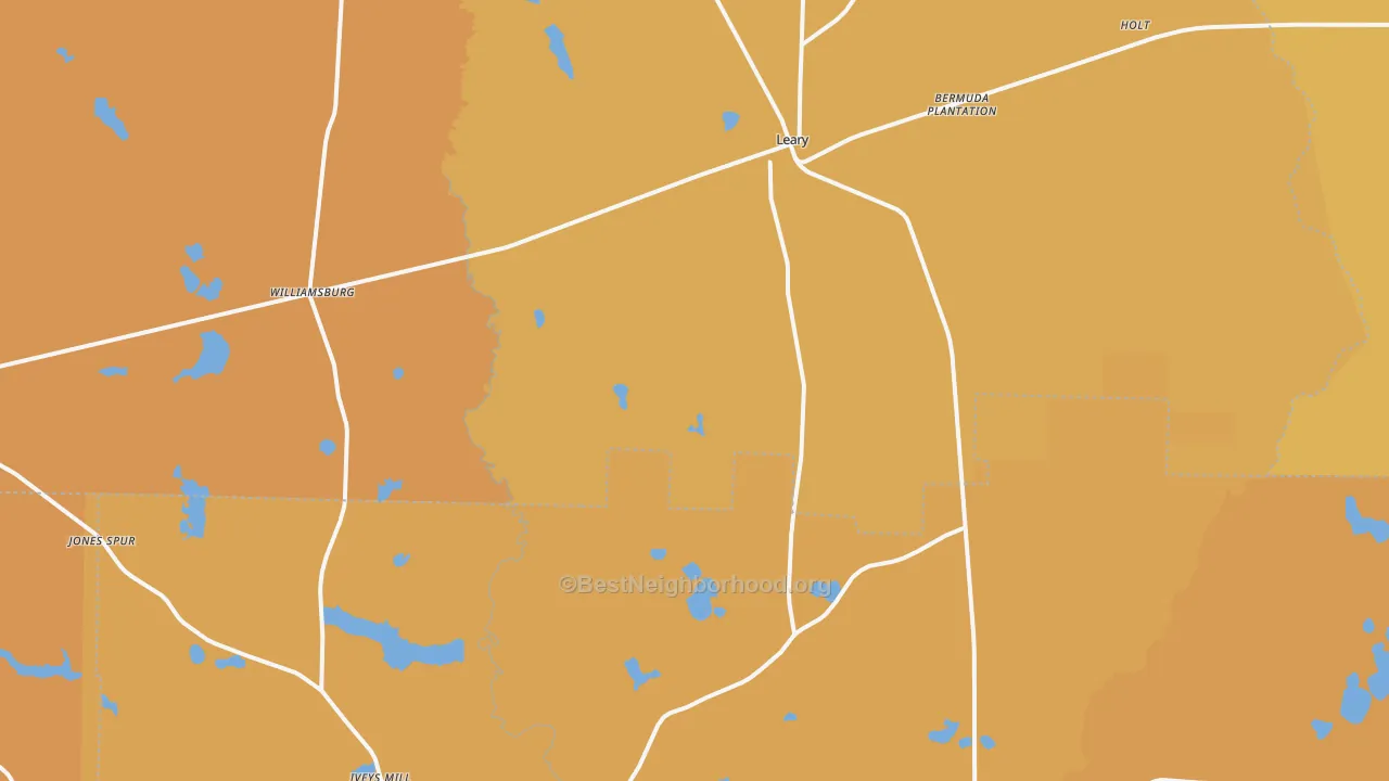 Map of the best neighborhoods in the 39862 area, with better matches in green and worse matches in red