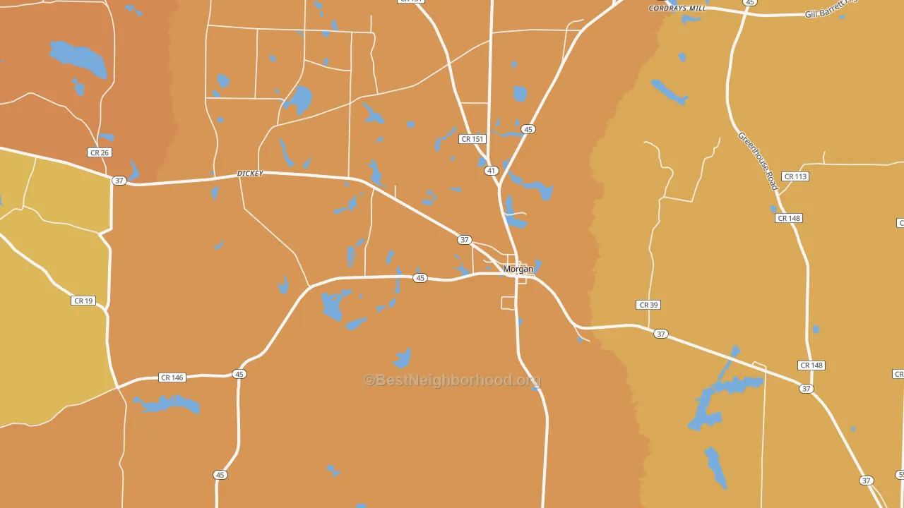 Map of the best neighborhoods in the 39866 area, with better matches in green and worse matches in red