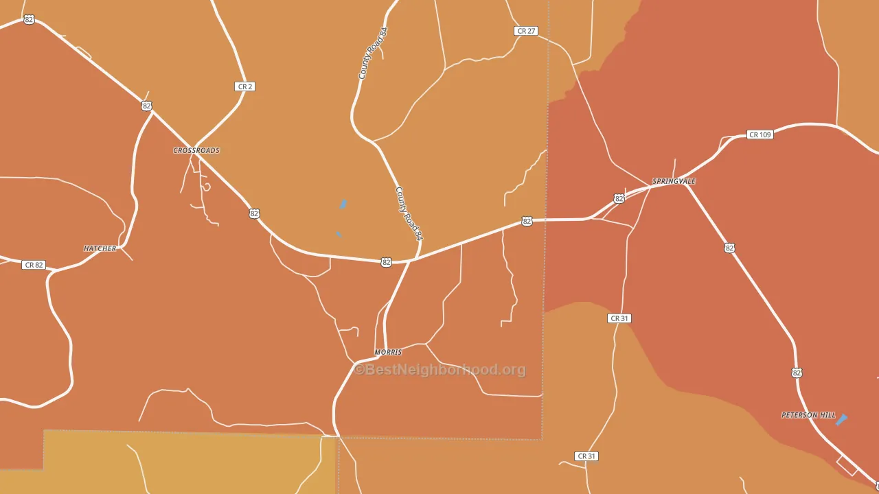 Map of the best neighborhoods in the 39867 area, with better matches in green and worse matches in red