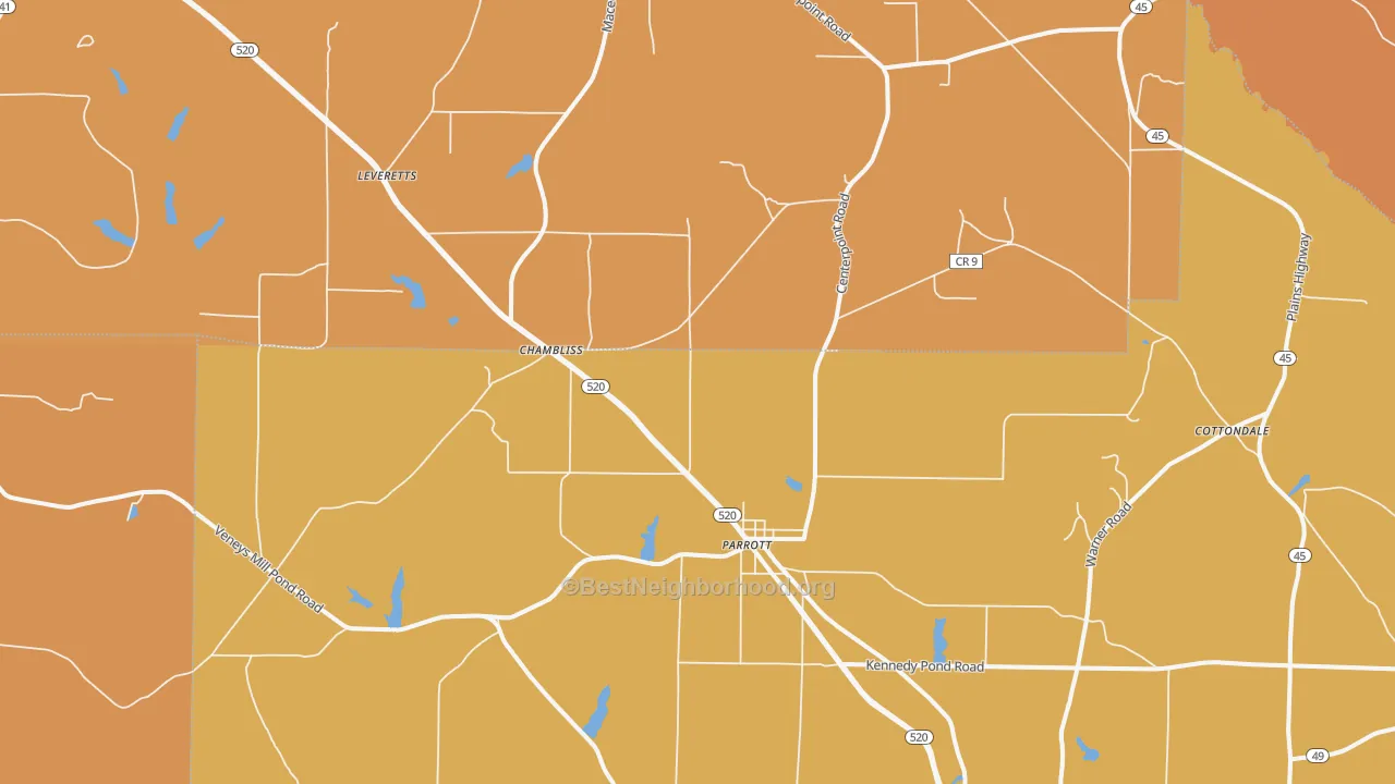 Map of the best neighborhoods in the 39877 area, with better matches in green and worse matches in red