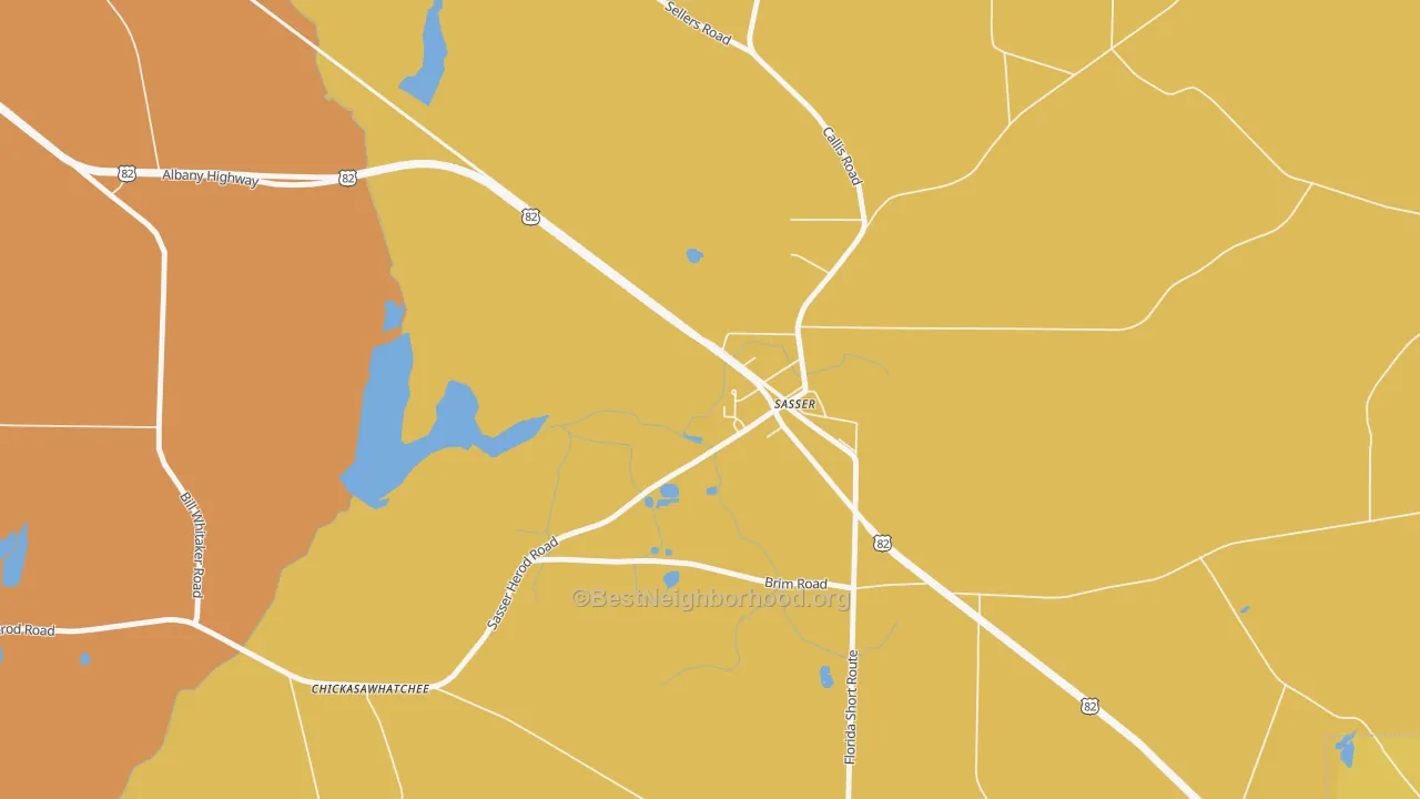 Map of the best neighborhoods in the 39885 area, with better matches in green and worse matches in red