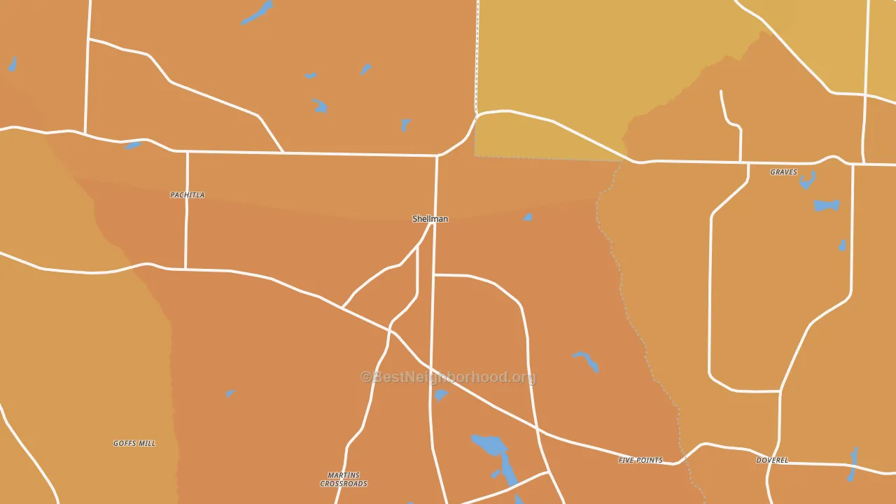 Map of the best neighborhoods in the 39886 area, with better matches in green and worse matches in red