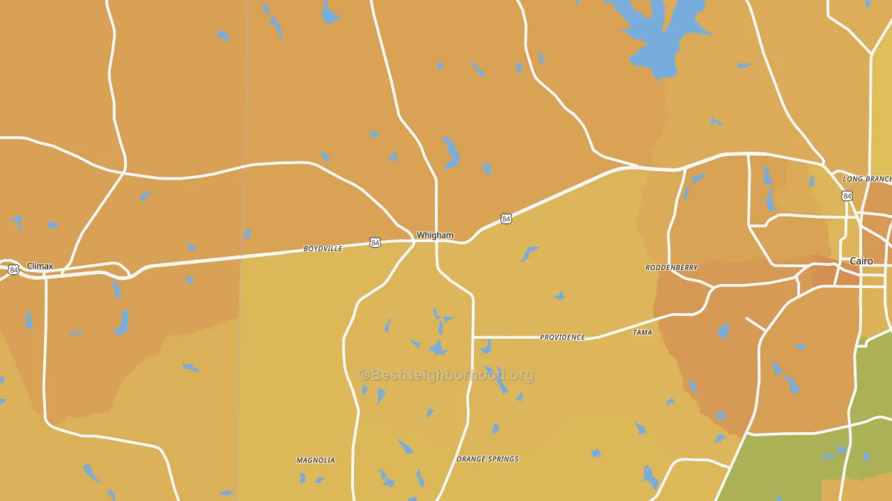 Map of the best neighborhoods in the 39897 area, with better matches in green and worse matches in red
