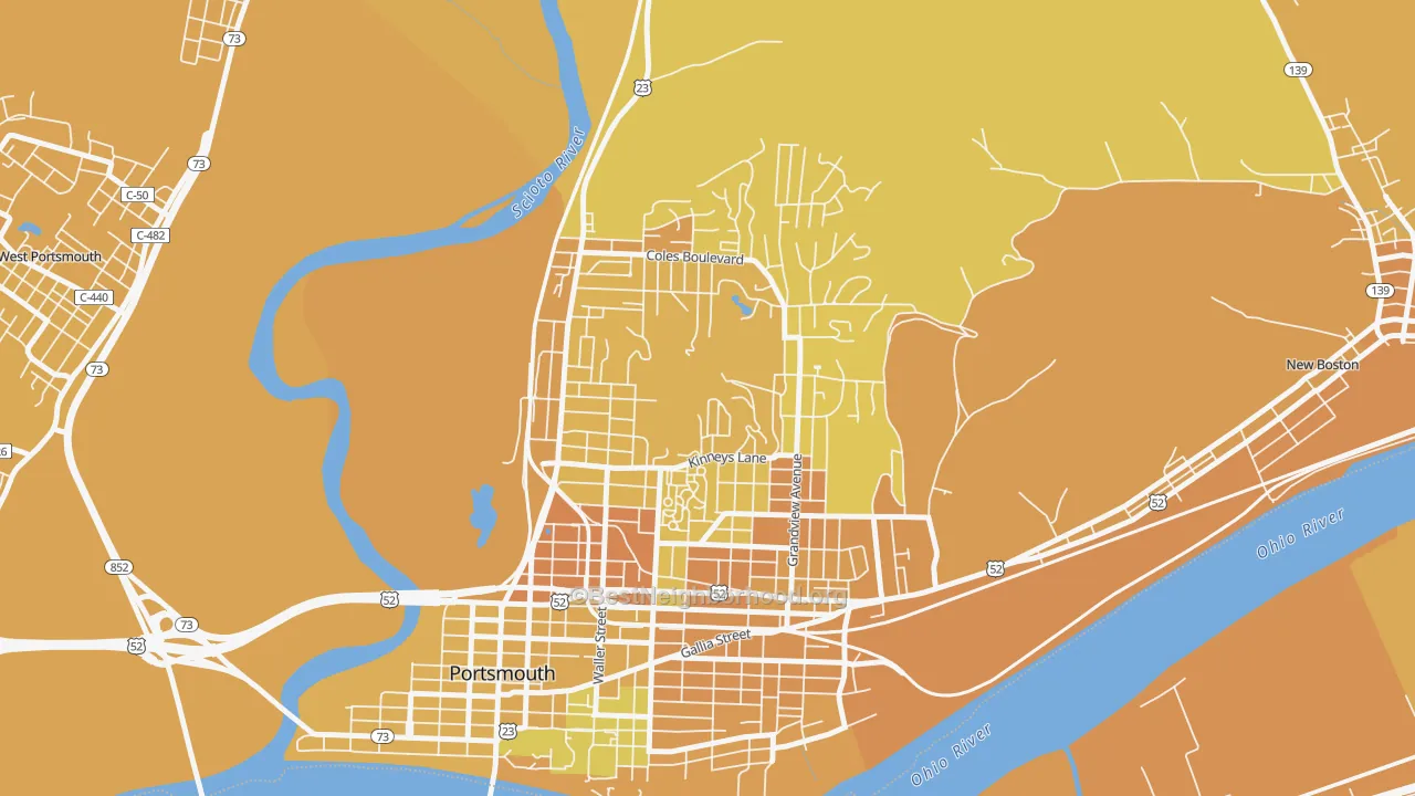 Map of the best neighborhoods in the 3rd Ward, Portsmouth area, with better matches in green and worse matches in red