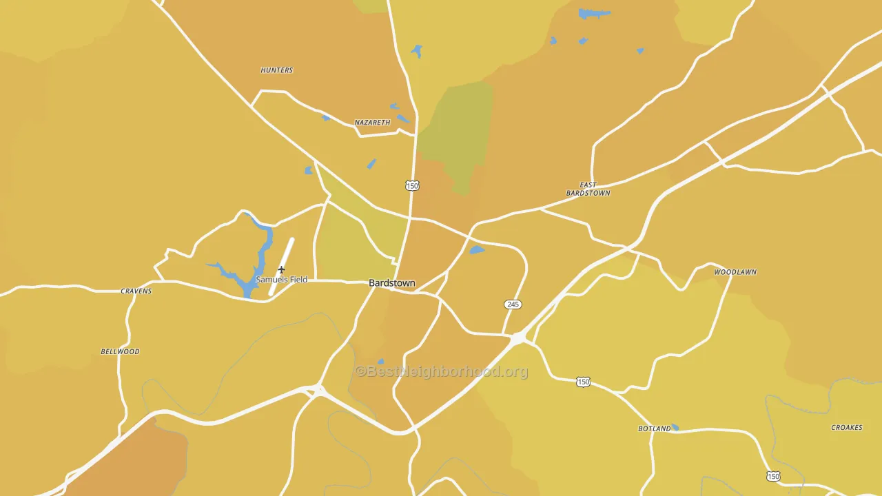 Map of the best neighborhoods in the 40004 area, with better matches in green and worse matches in red
