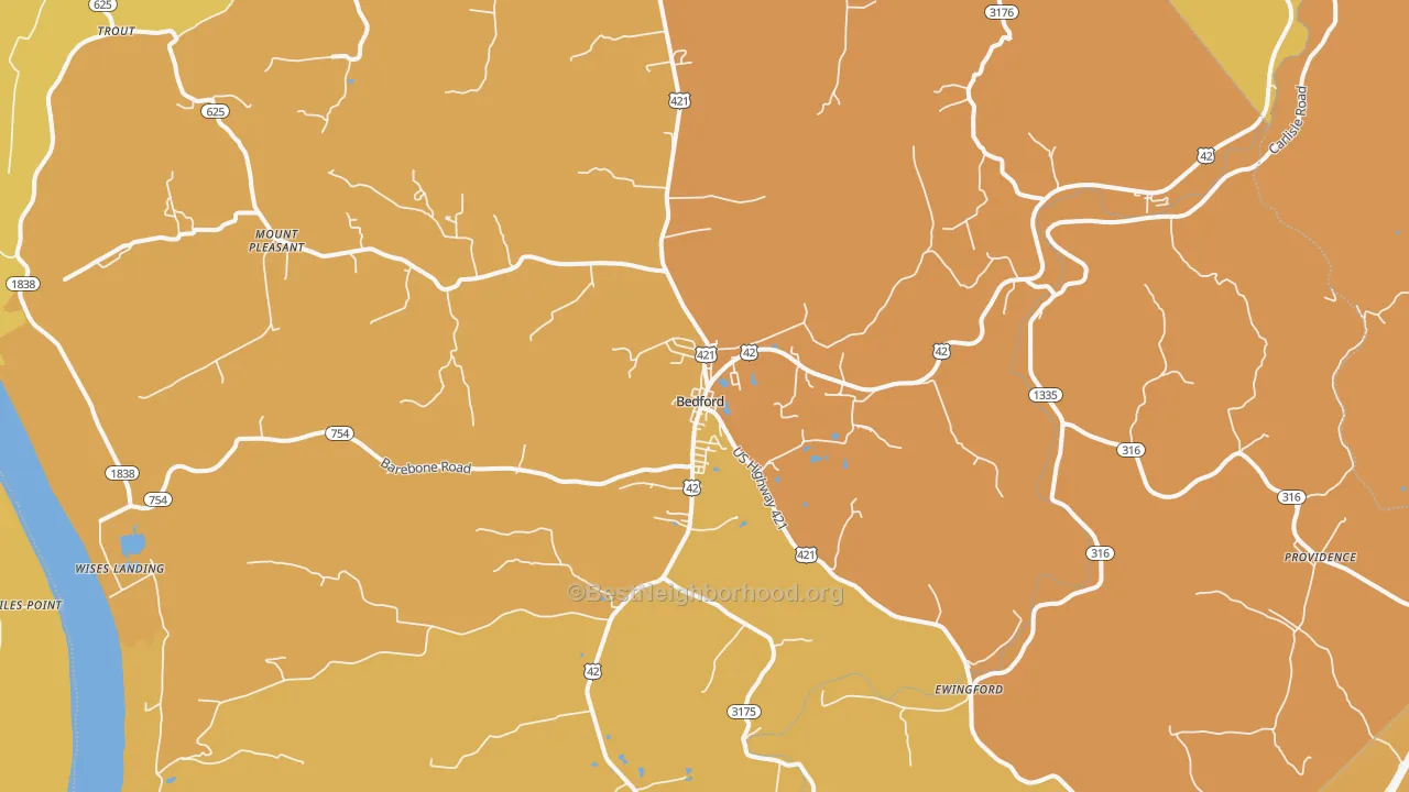 Map of the best neighborhoods in the 40006 area, with better matches in green and worse matches in red