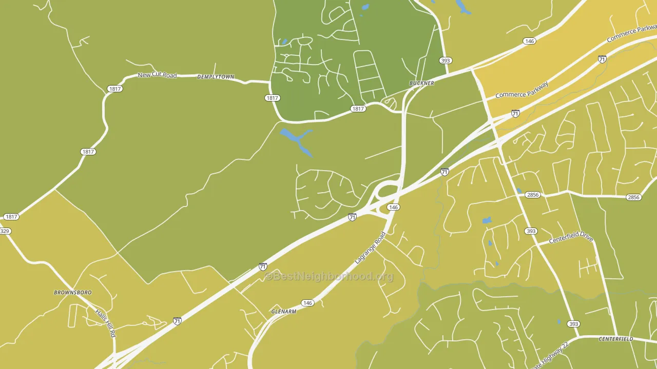 Map of the best neighborhoods in the 40010 area, with better matches in green and worse matches in red