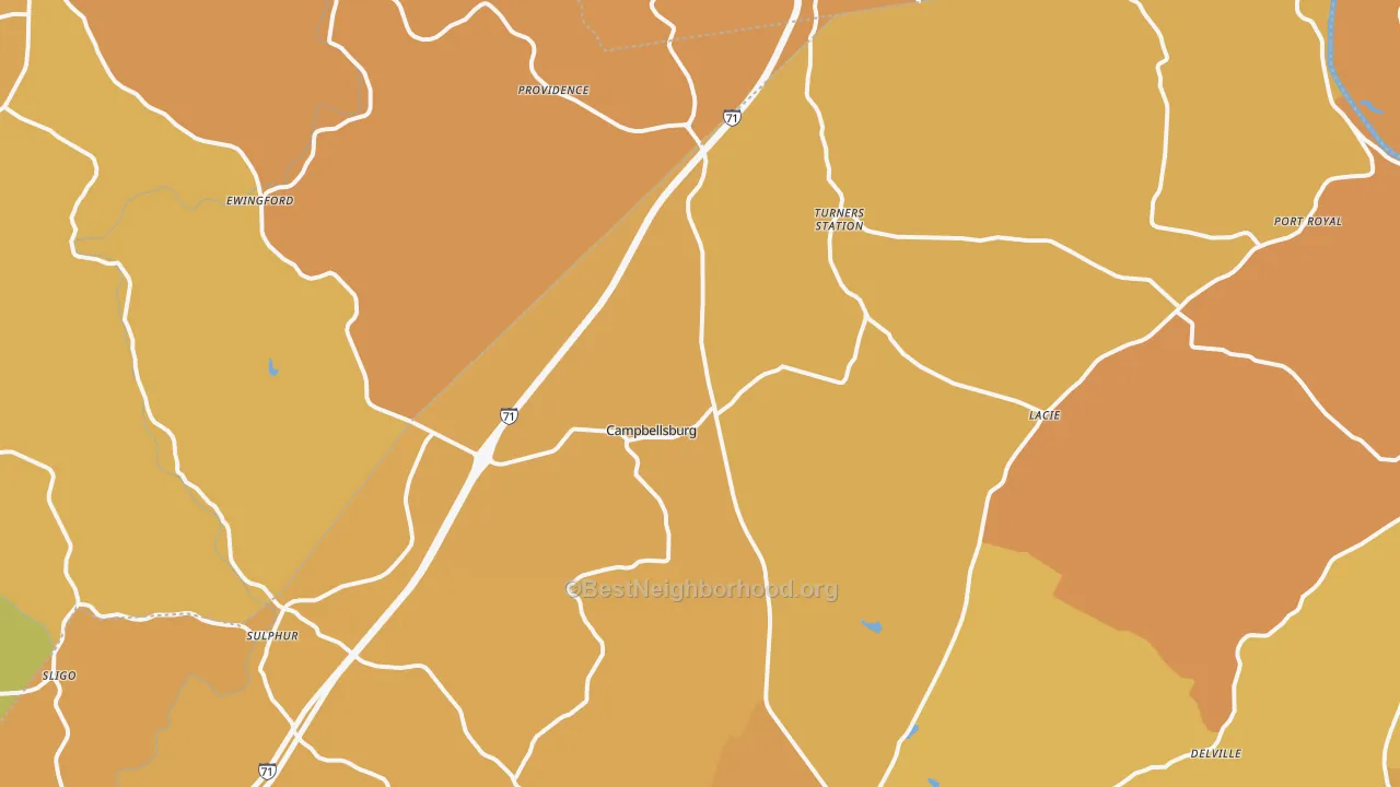 Map of the best neighborhoods in the 40011 area, with better matches in green and worse matches in red