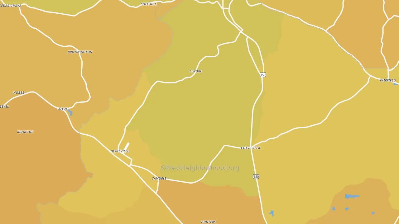 Map of the best neighborhoods in the 40013 area, with better matches in green and worse matches in red