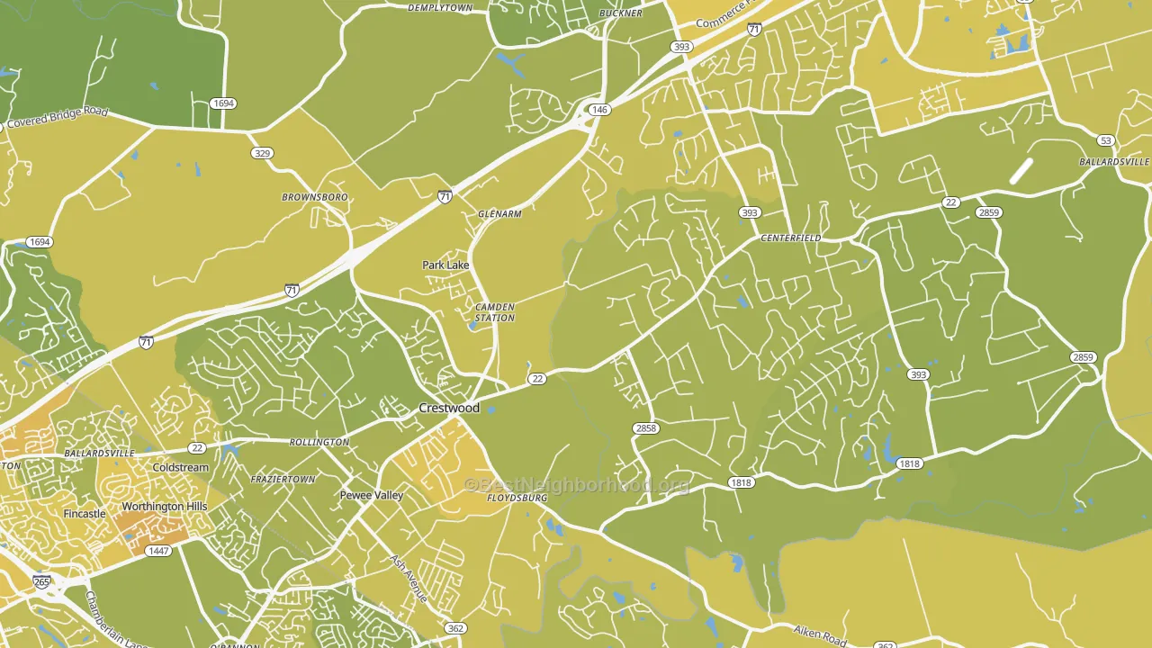 Map of the best neighborhoods in the 40014 area, with better matches in green and worse matches in red