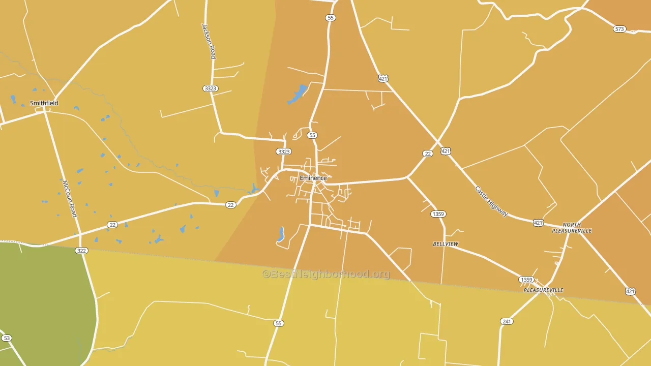 Map of the best neighborhoods in the 40019 area, with better matches in green and worse matches in red