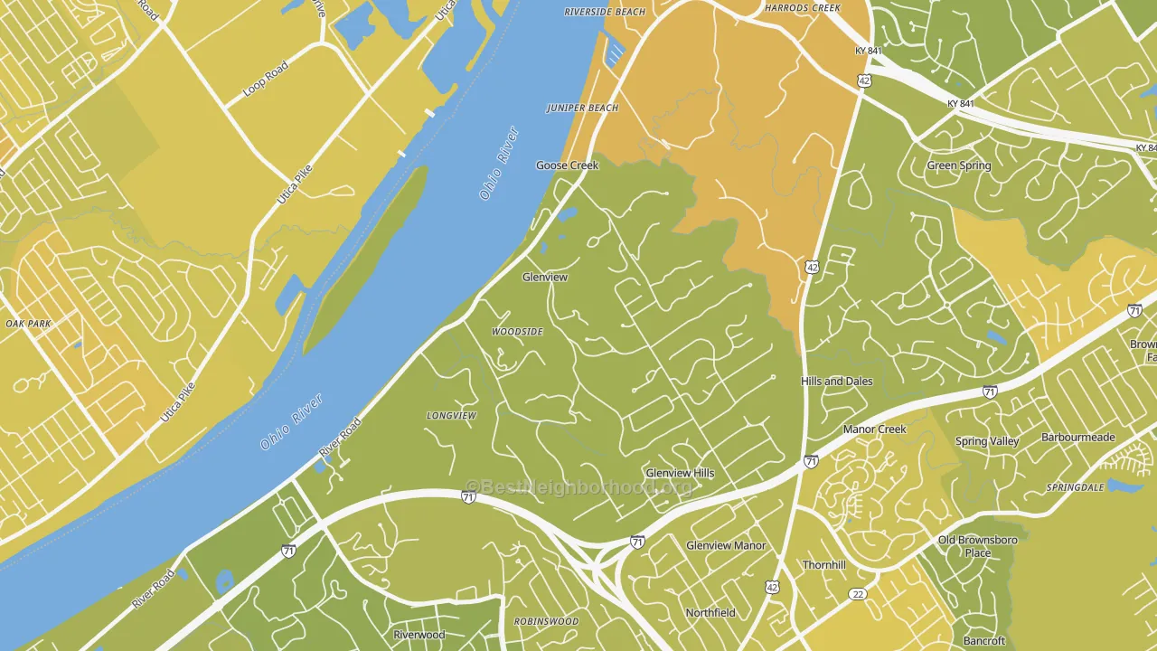 Map of the best neighborhoods in the 40025 area, with better matches in green and worse matches in red