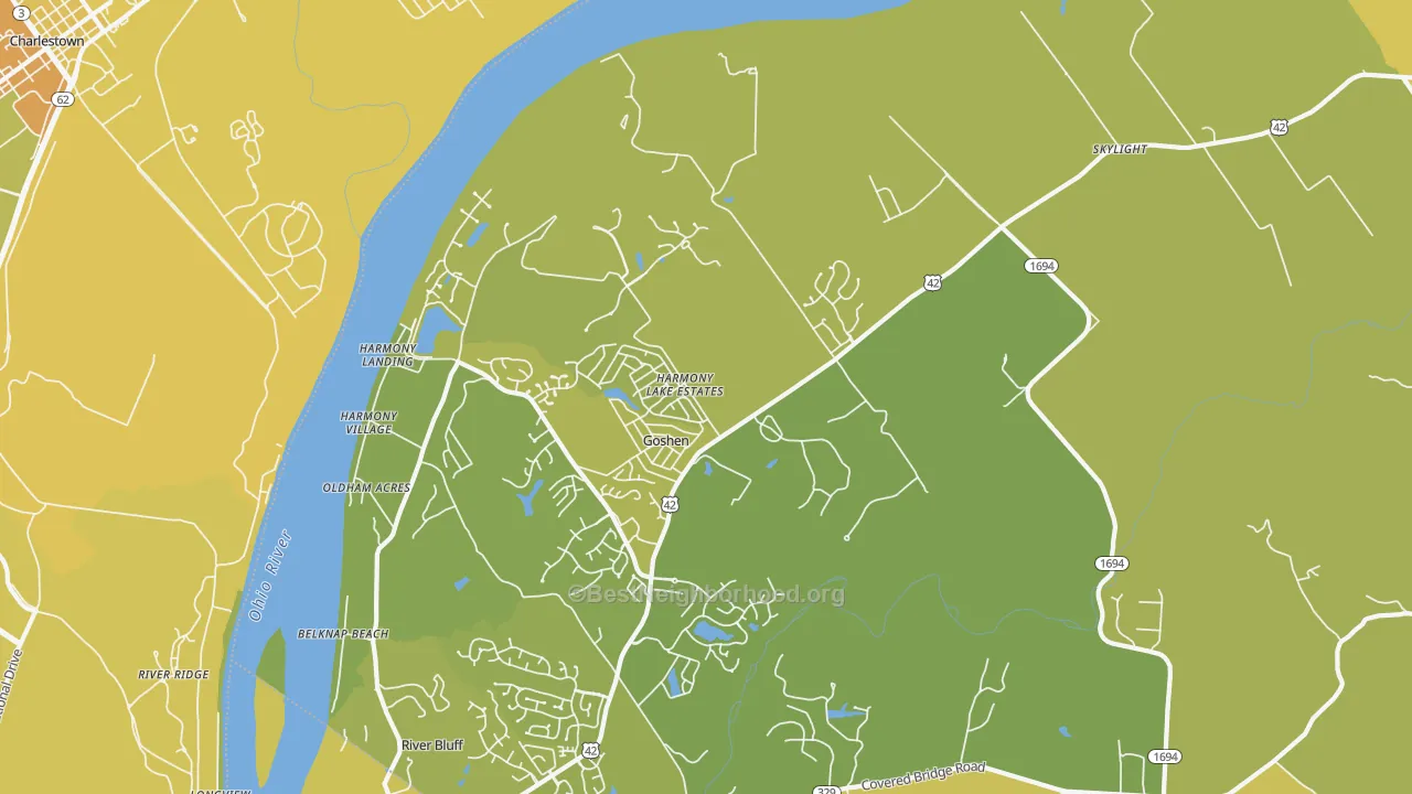 Map of the best neighborhoods in the 40026 area, with better matches in green and worse matches in red