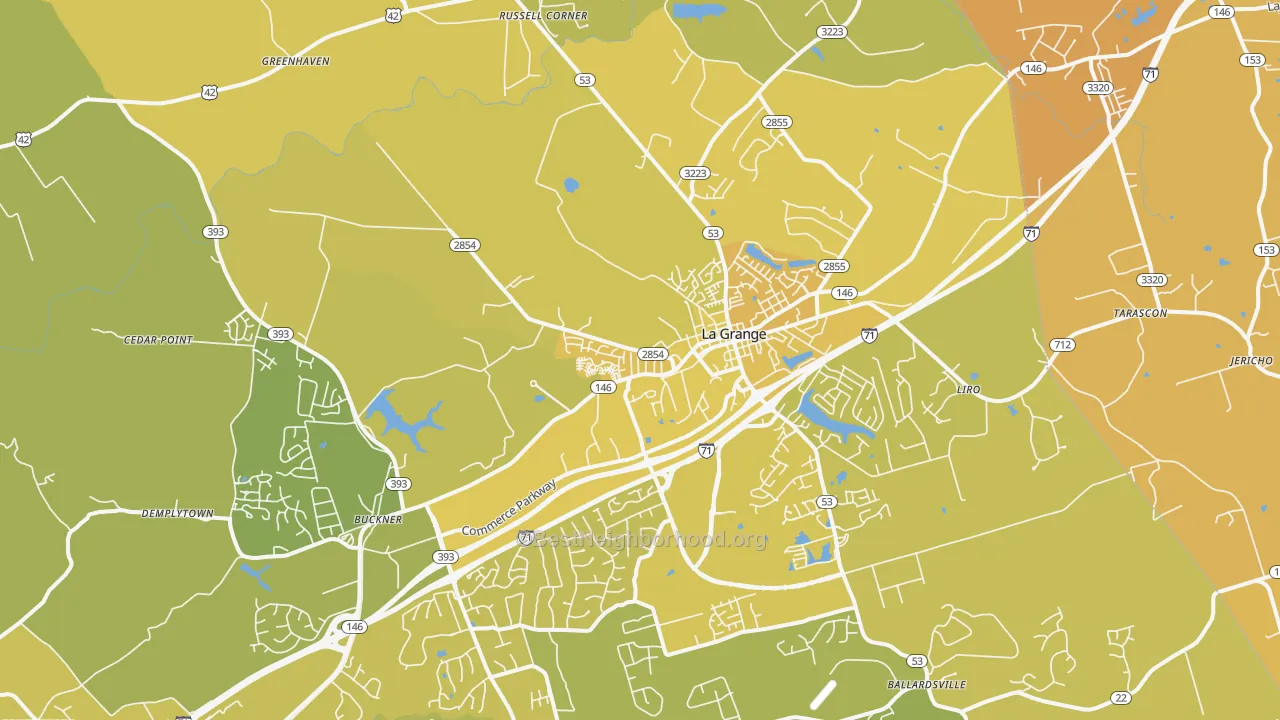 Map of the best neighborhoods in the 40031 area, with better matches in green and worse matches in red
