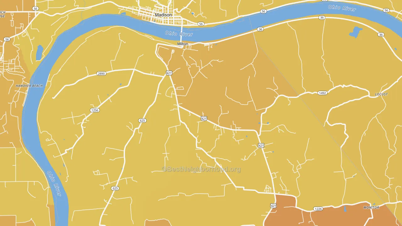 Map of the best neighborhoods in the 40045 area, with better matches in green and worse matches in red