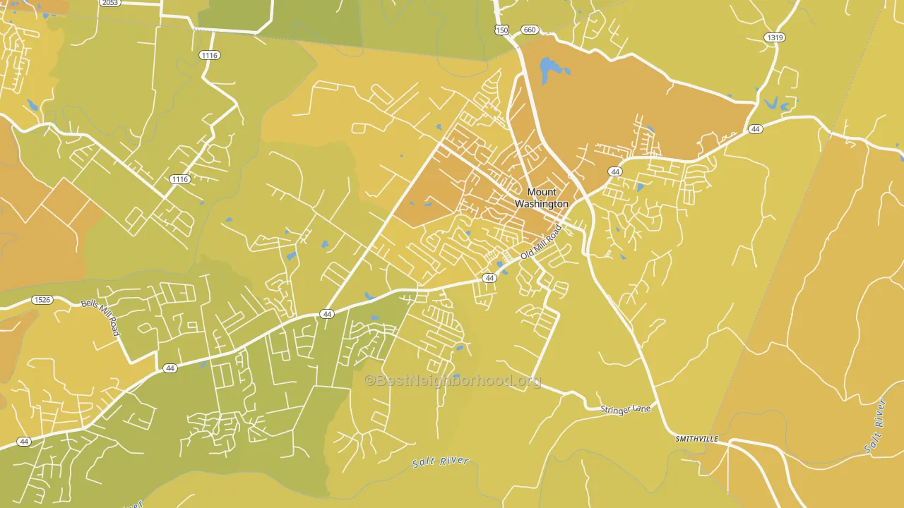 Map of the best neighborhoods in the 40047 area, with better matches in green and worse matches in red