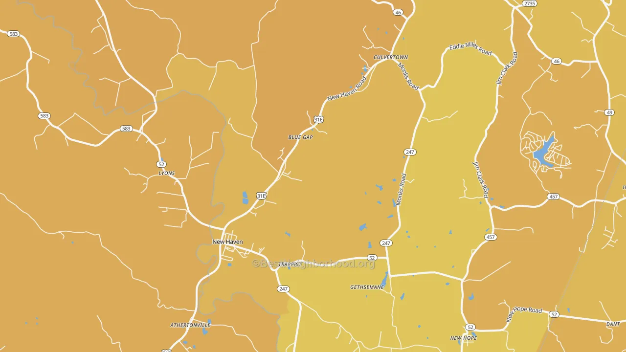 Map of the best neighborhoods in the 40051 area, with better matches in green and worse matches in red