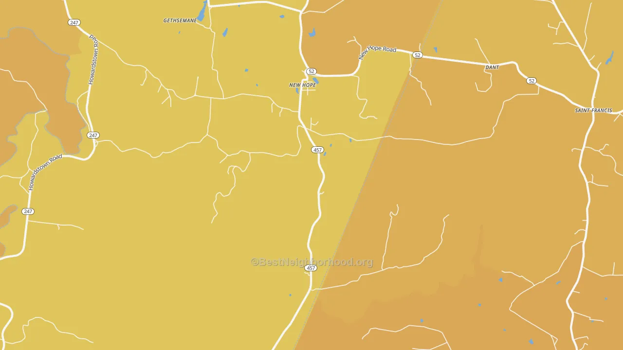 Map of the best neighborhoods in the 40052 area, with better matches in green and worse matches in red