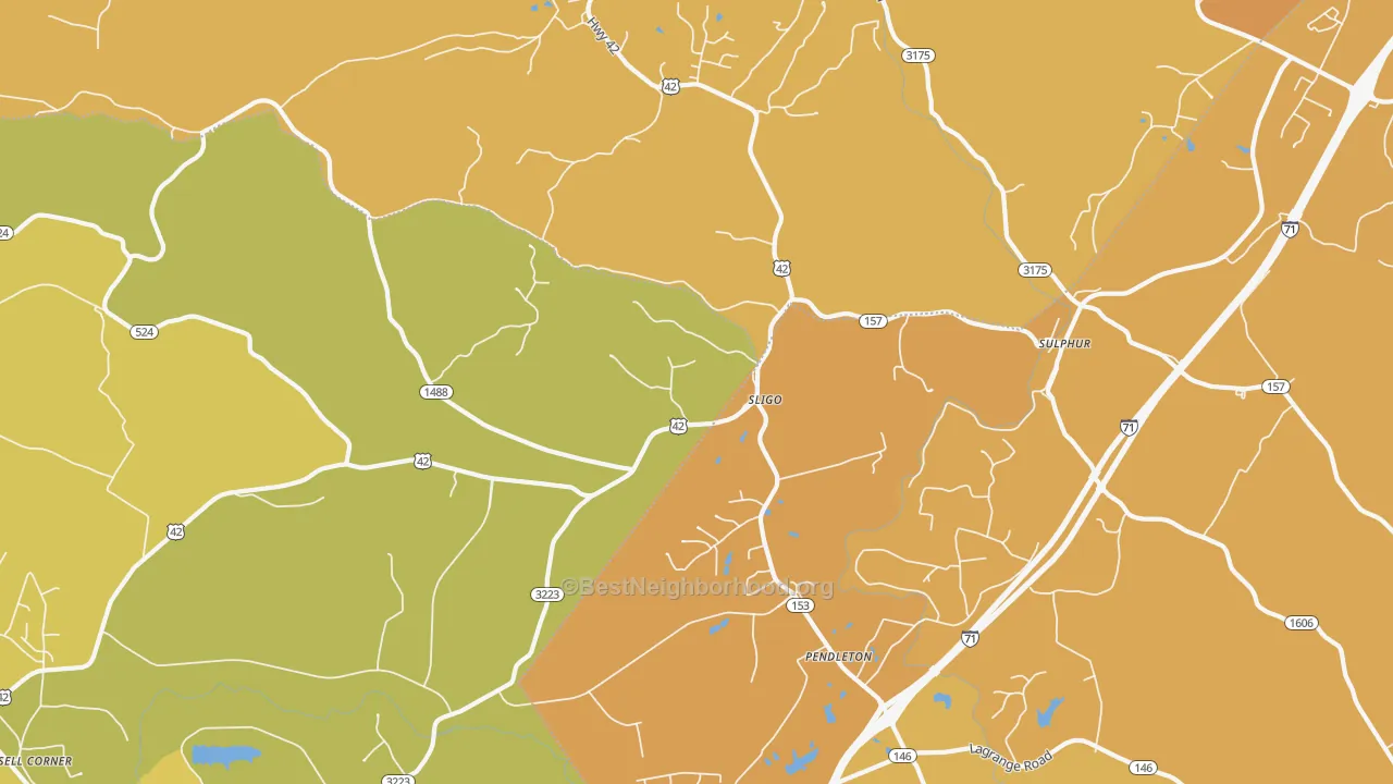 Map of the best neighborhoods in the 40055 area, with better matches in green and worse matches in red