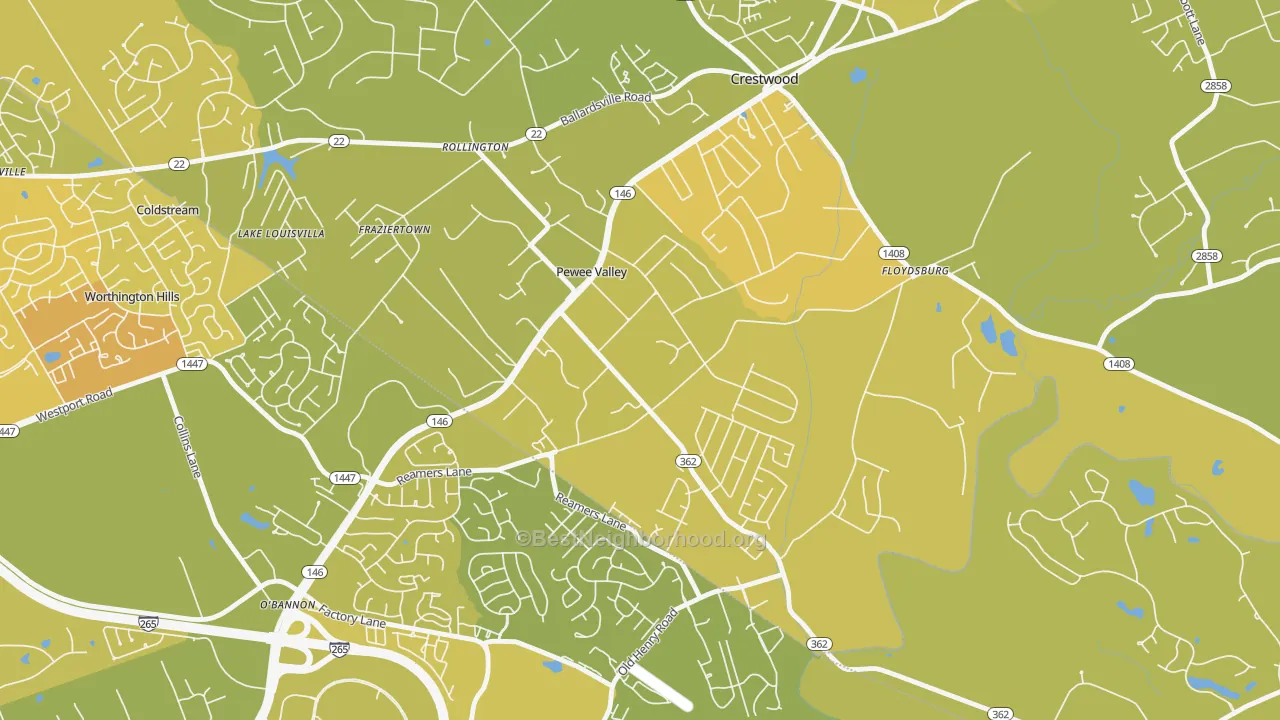 Map of the best neighborhoods in the 40056 area, with better matches in green and worse matches in red