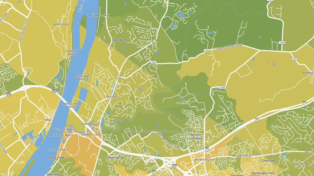 Map of the best neighborhoods in the 40059 area, with better matches in green and worse matches in red