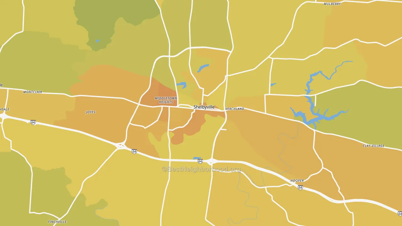 Map of the best neighborhoods in the 40065 area, with better matches in green and worse matches in red