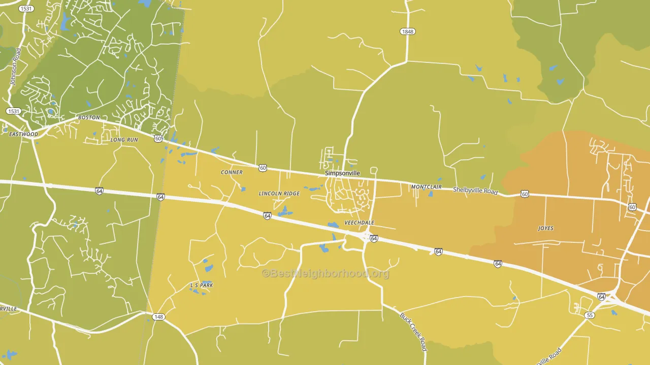 Map of the best neighborhoods in the 40067 area, with better matches in green and worse matches in red