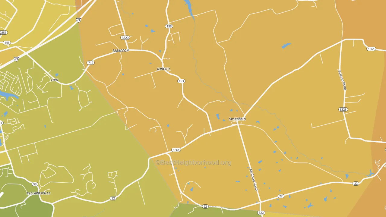 Map of the best neighborhoods in the 40068 area, with better matches in green and worse matches in red