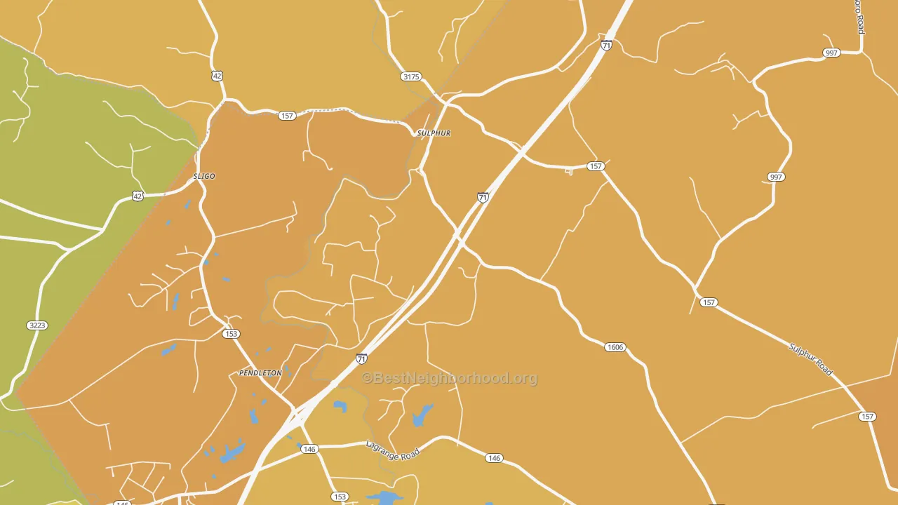 Map of the best neighborhoods in the 40070 area, with better matches in green and worse matches in red