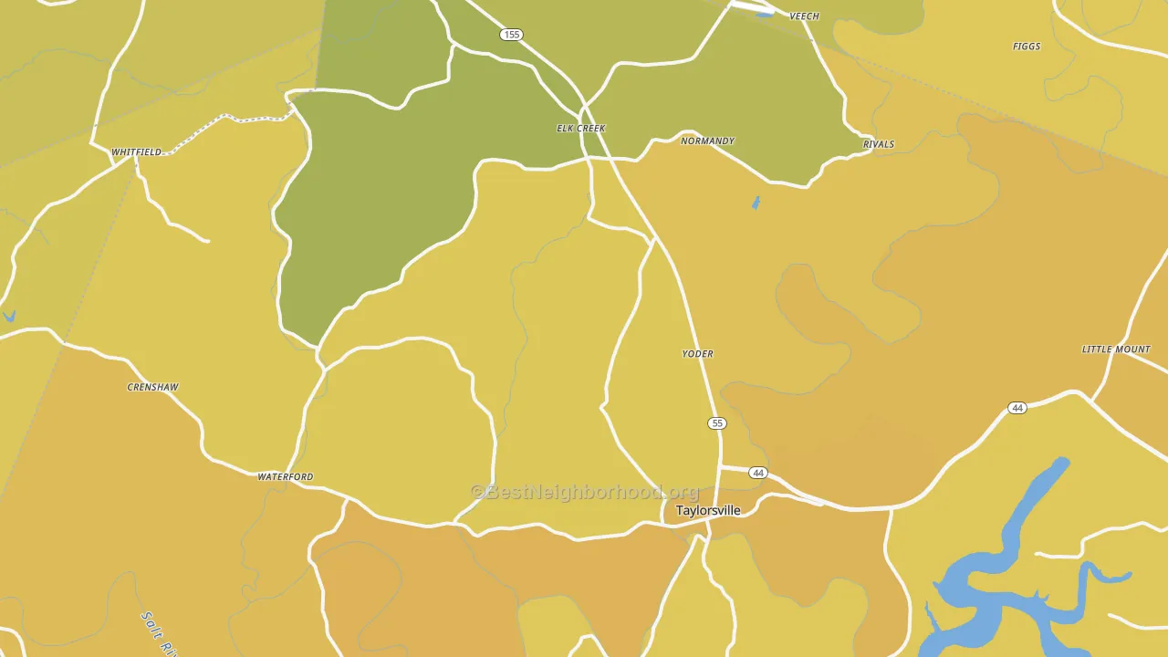 Map of the best neighborhoods in the 40071 area, with better matches in green and worse matches in red
