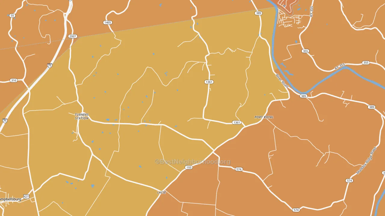 Map of the best neighborhoods in the 40075 area, with better matches in green and worse matches in red