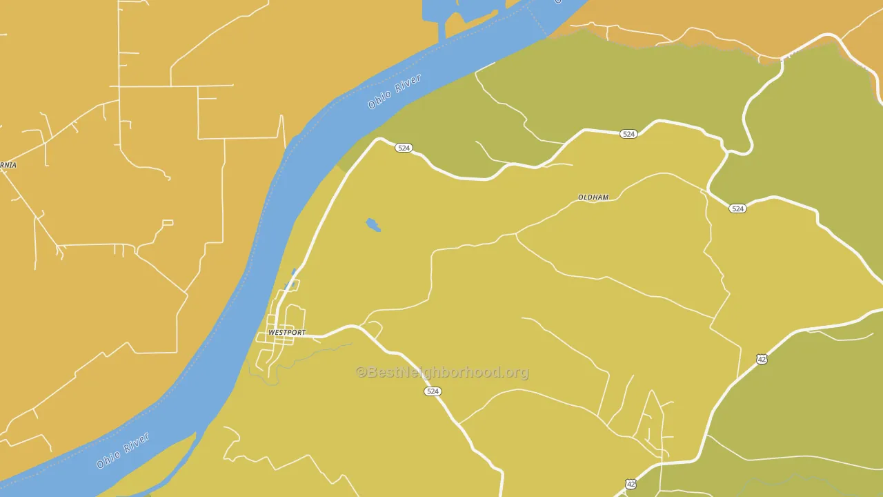 Map of the best neighborhoods in the 40077 area, with better matches in green and worse matches in red