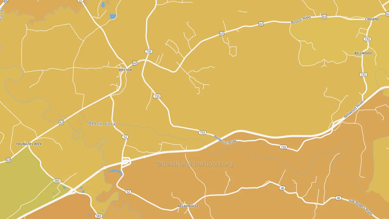 Map of the best neighborhoods in the 40107 area, with better matches in green and worse matches in red