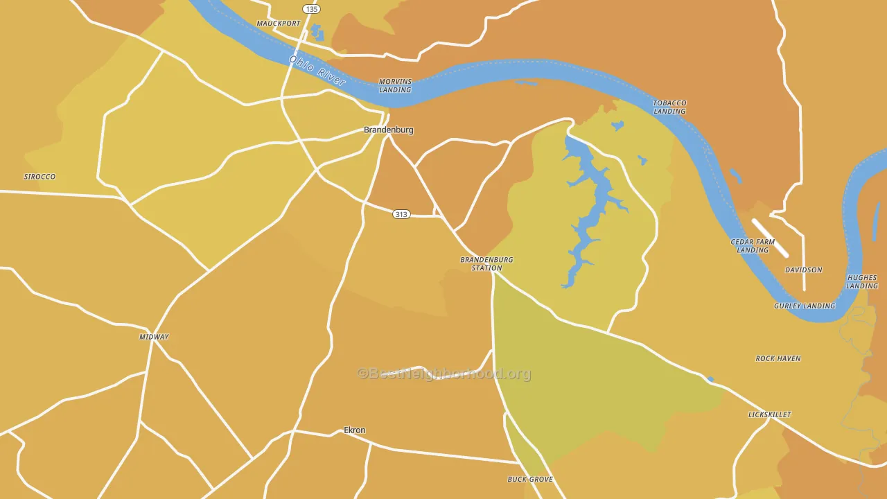 Map of the best neighborhoods in the 40108 area, with better matches in green and worse matches in red
