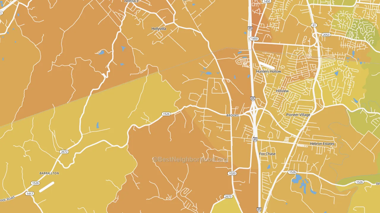 Map of the best neighborhoods in the 40109 area, with better matches in green and worse matches in red