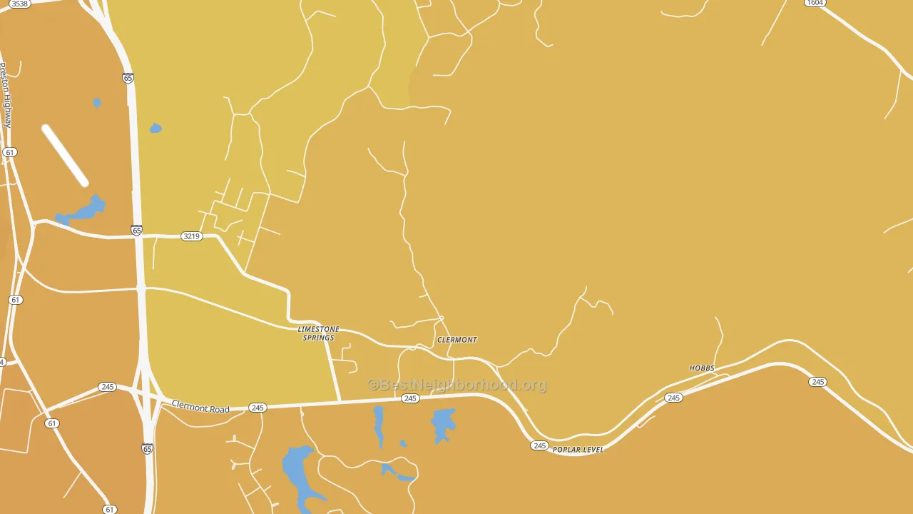 Map of the best neighborhoods in the 40110 area, with better matches in green and worse matches in red