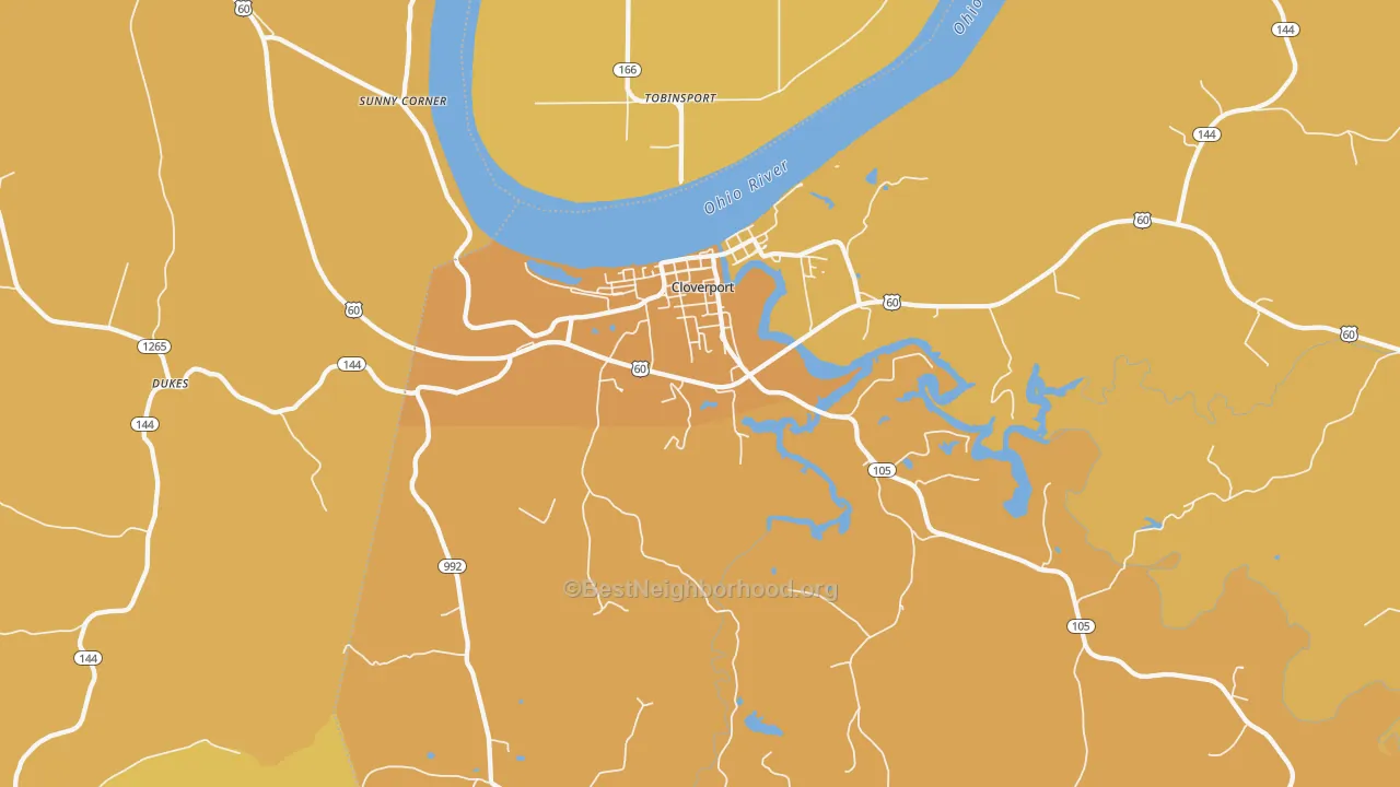 Map of the best neighborhoods in the 40111 area, with better matches in green and worse matches in red