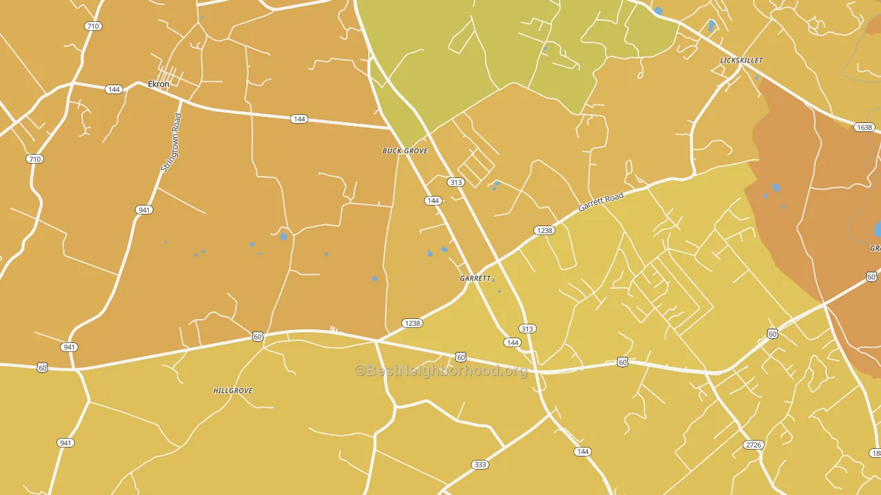 Map of the best neighborhoods in the 40117 area, with better matches in green and worse matches in red