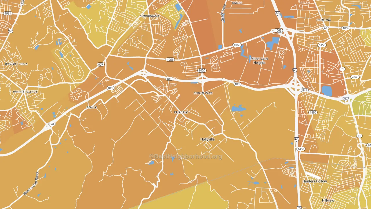 Map of the best neighborhoods in the 40118 area, with better matches in green and worse matches in red