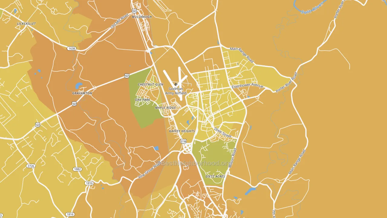 Map of the best neighborhoods in the 40121 area, with better matches in green and worse matches in red